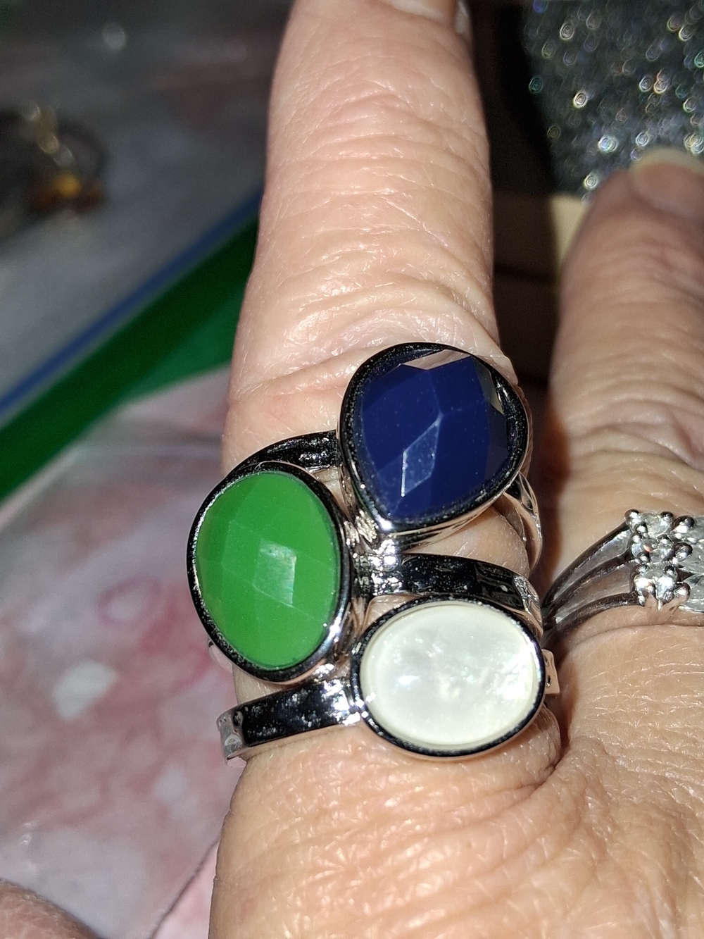 Multi-Stone Silver Ring with Green, Navy and Mother-of-Pearl Stones